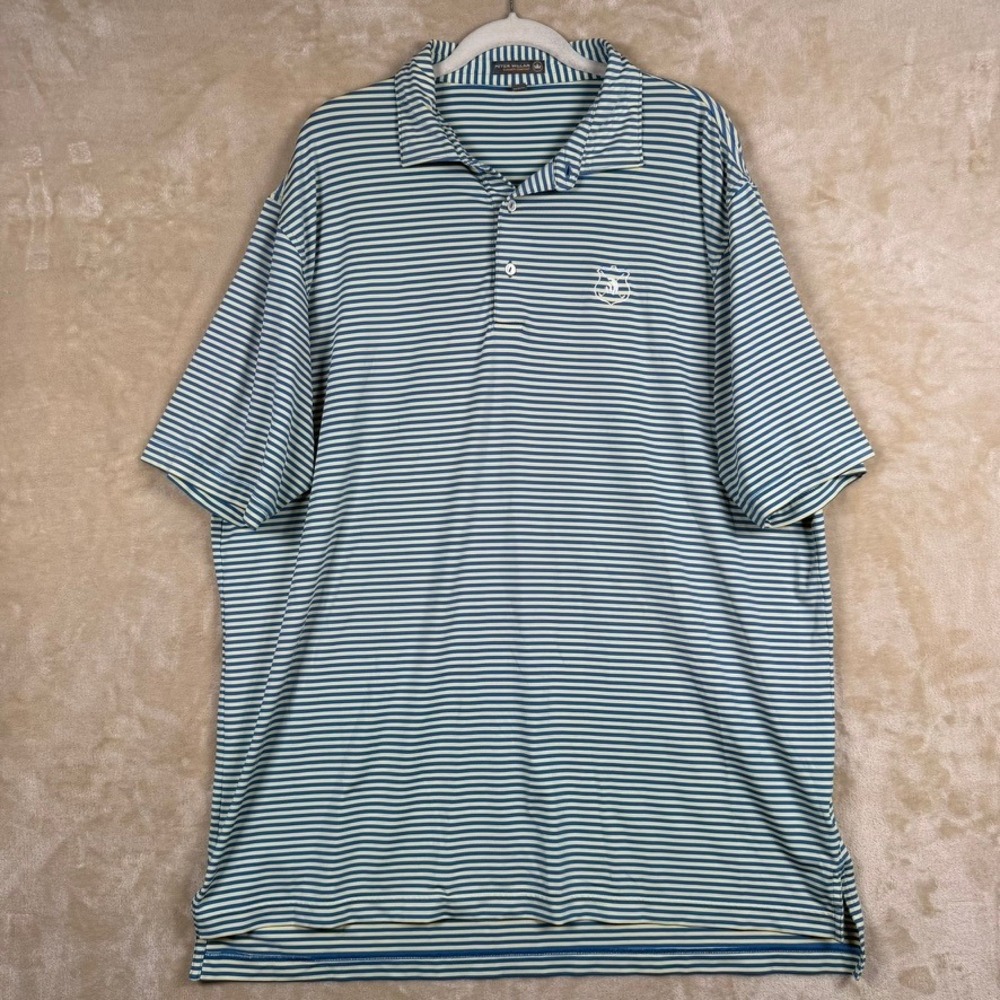 Peter Millar Summer Comfort Mens XL Blue Yellow Striped Golf Polo Logo Preppy